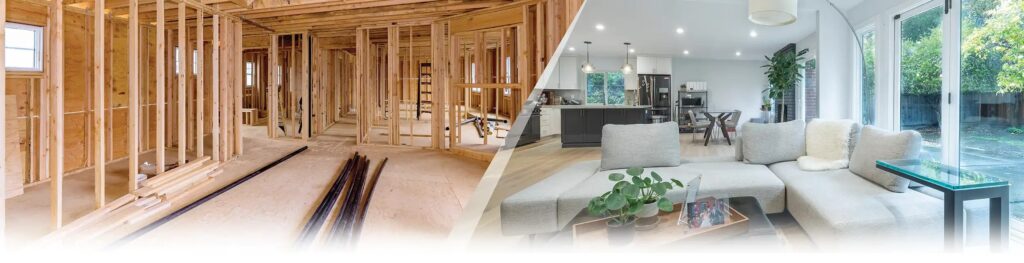 Side-by-side comparison of home framing and completed living space—full home remodeling project by licensed general contractors in San Jose.